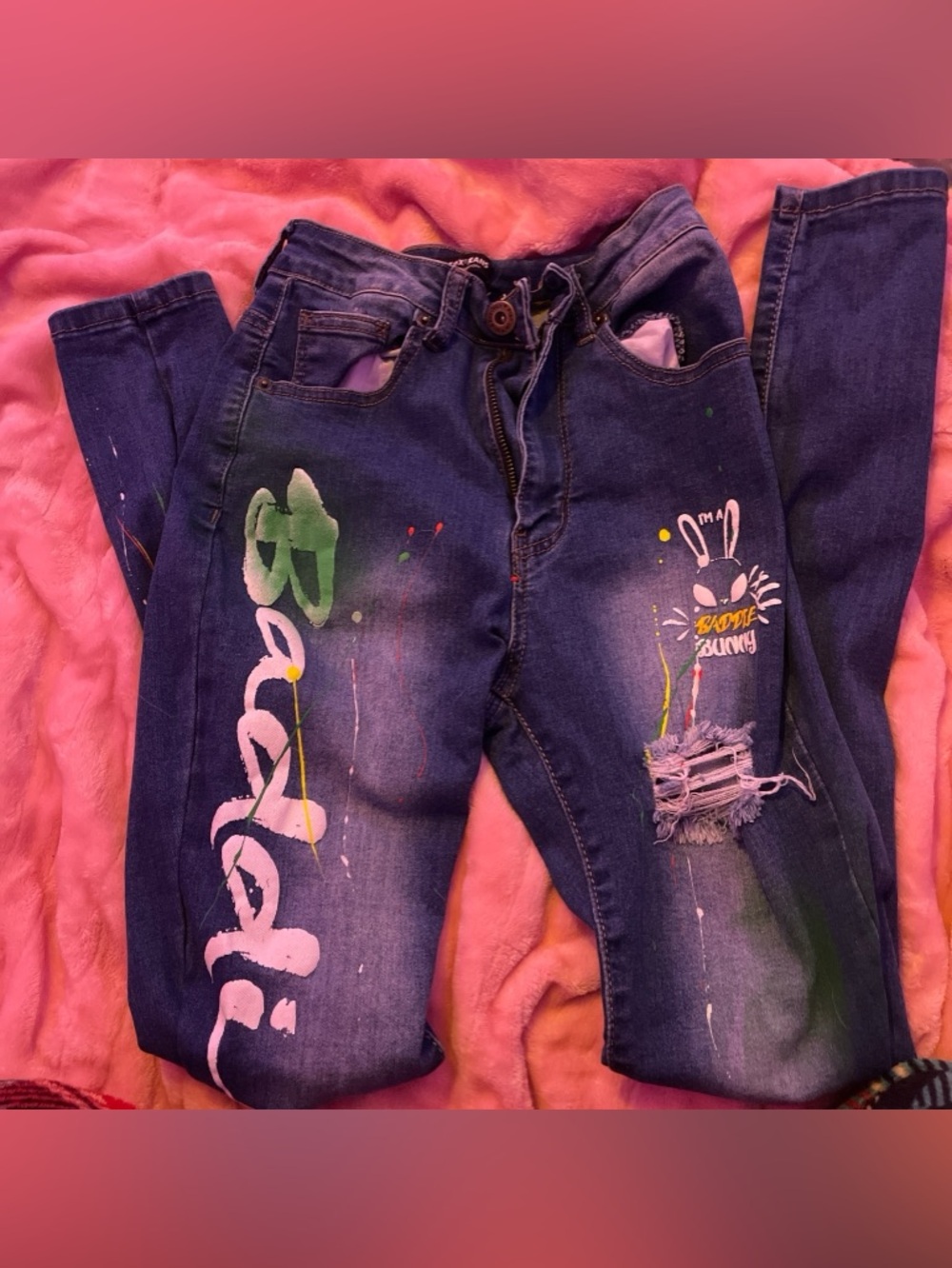 Dark Blue Skinny Jeans with Playful Paint-Splash Detail